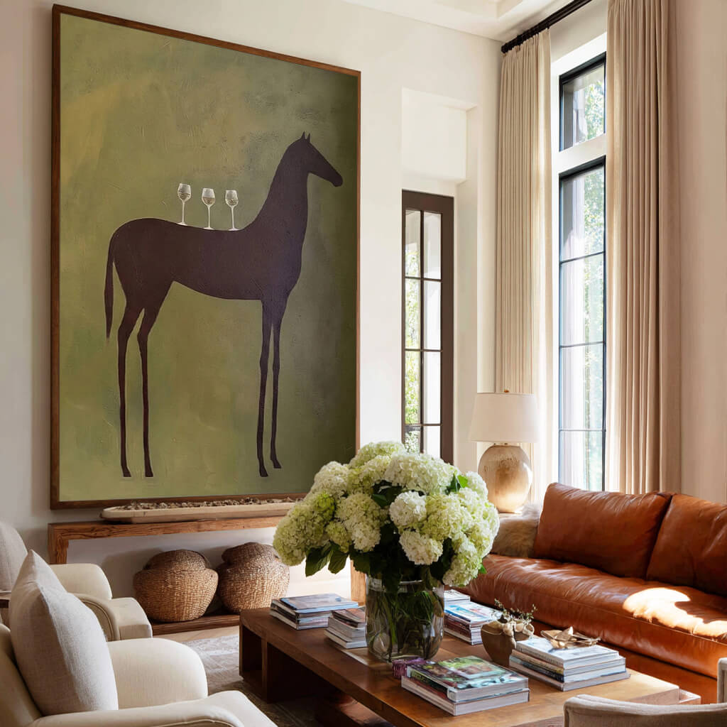 Minimalist horse and wine wall art with abstract green tones - Sommelier - Hues Art Lab