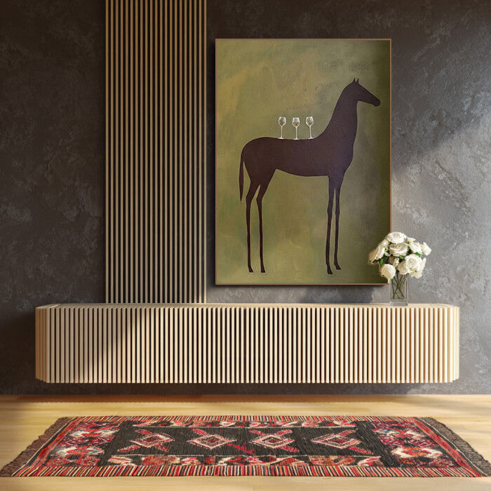 Minimalist horse and wine wall art with abstract green tones - Sommelier - Hues Art Lab