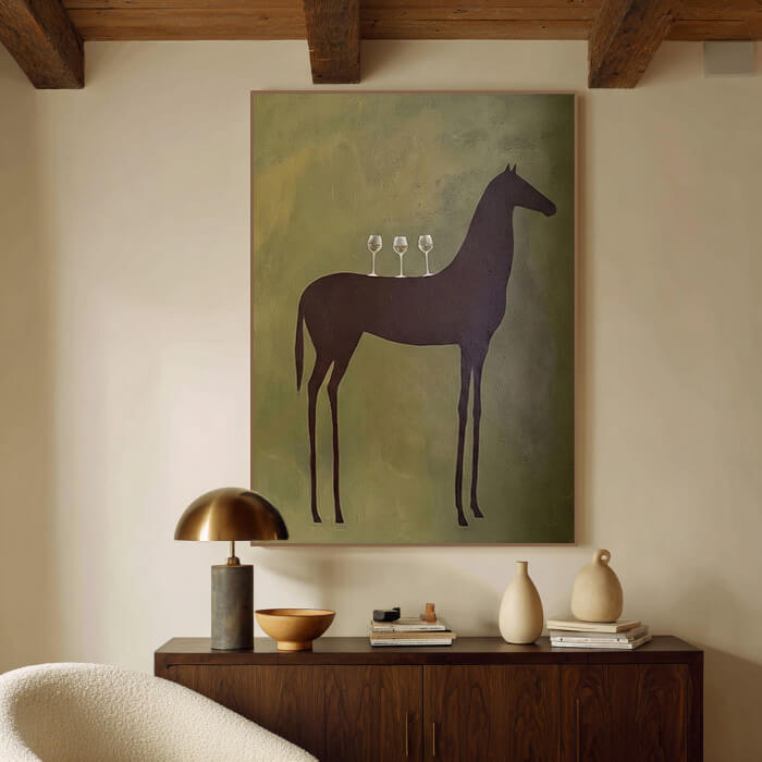 Minimalist horse and wine wall art with abstract green tones - Sommelier - Hues Art Lab