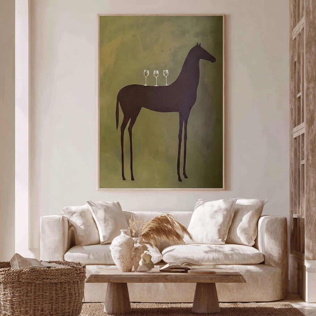 Minimalist horse and wine wall art with abstract green tones - Sommelier - Hues Art Lab