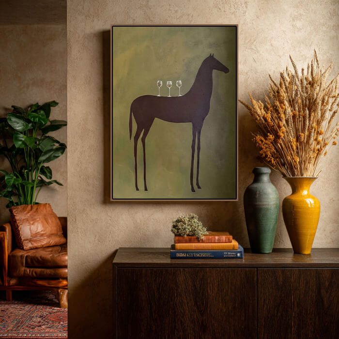 Minimalist horse and wine wall art with abstract green tones - Sommelier - Hues Art Lab