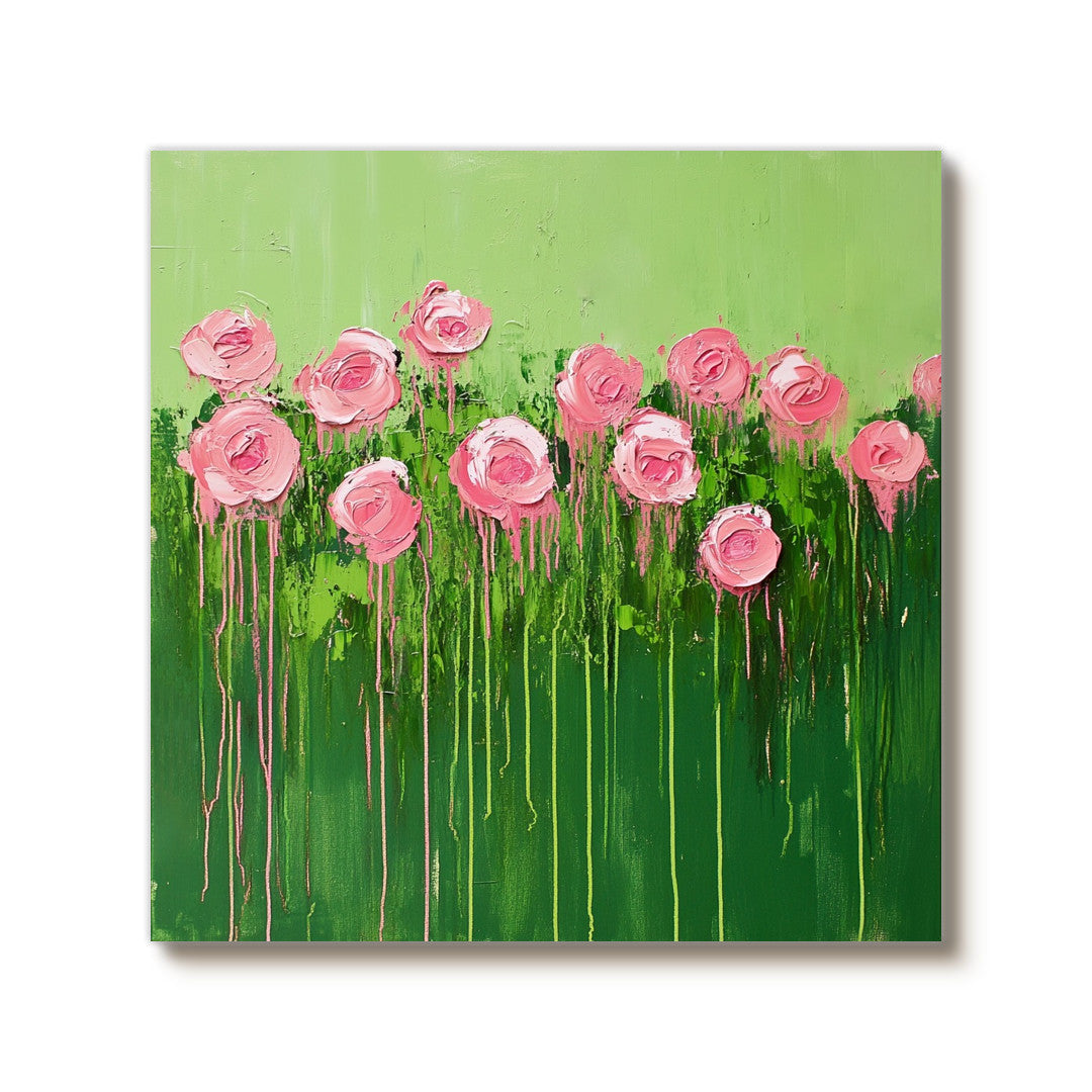 Spring Garden pink rose artwork with impasto petals and drip details