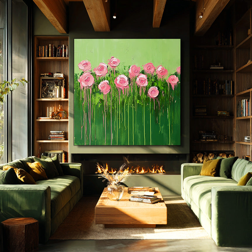Spring Garden modern impasto drip pink rose wall art by Hues Art Lab