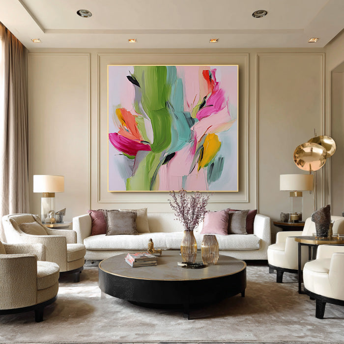 Spring Torrent framed colorful floral canvas print in a modern room