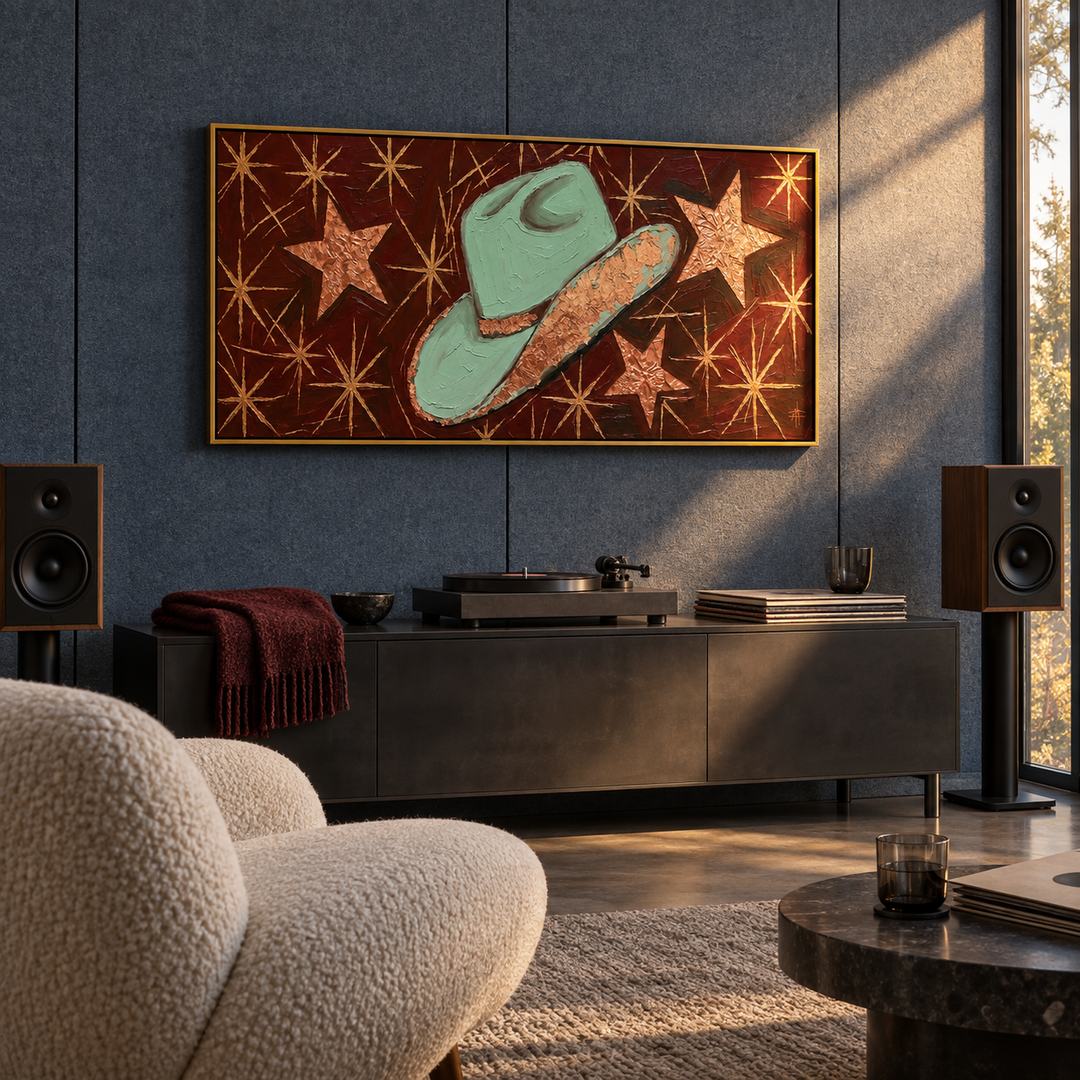 Western cowboy hat panoramic wall art in mint green dark red and gold in a coordinated modern interior
