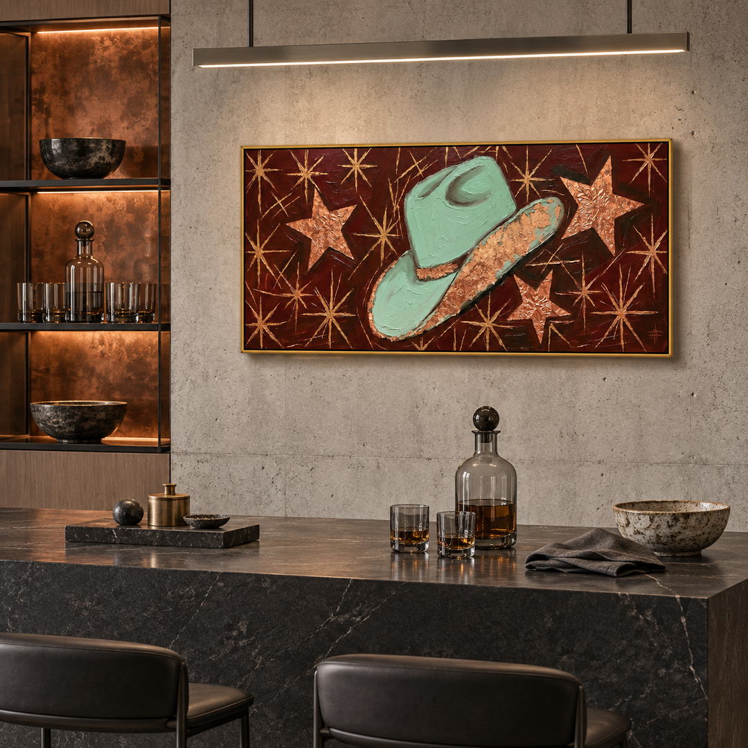 Western cowboy hat panoramic wall art in mint green dark red and gold in a coordinated modern interior