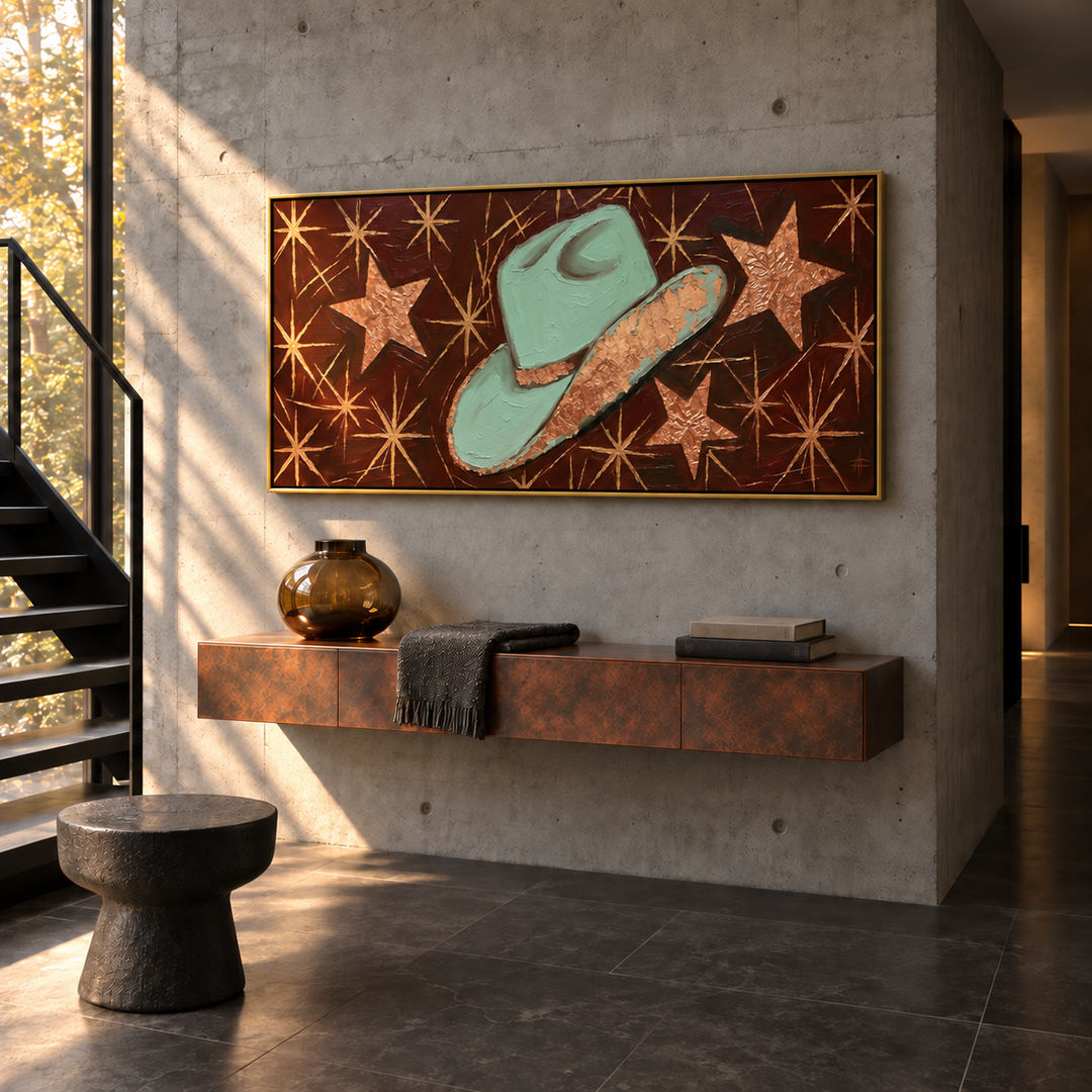 Western cowboy hat panoramic wall art in mint green dark red and gold in a coordinated modern interior