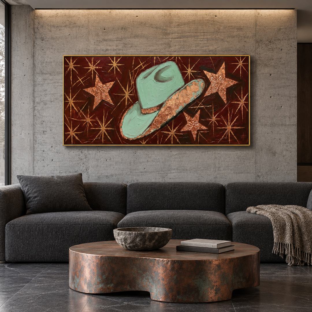Western cowboy hat panoramic wall art in mint green dark red and gold displayed in a styled living room