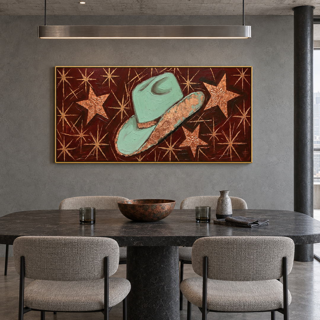 Western cowboy hat panoramic wall art in mint green dark red and gold in a coordinated modern interior
