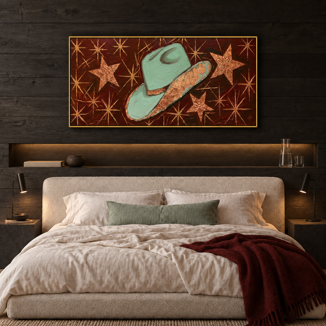 Western cowboy hat panoramic wall art in mint green dark red and gold in a coordinated modern interior