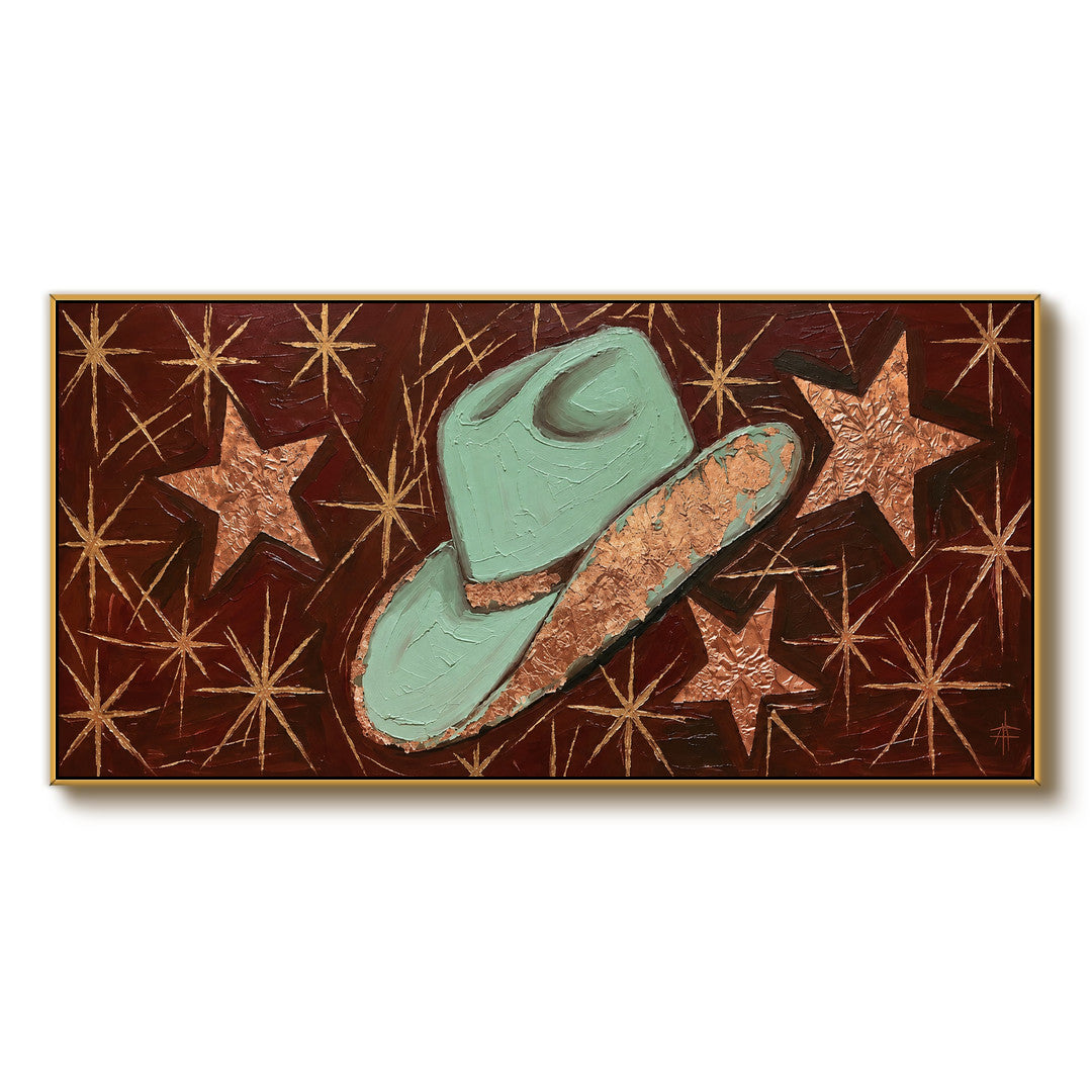 Western cowboy hat panoramic wall art in mint green dark red and gold on a clean white background