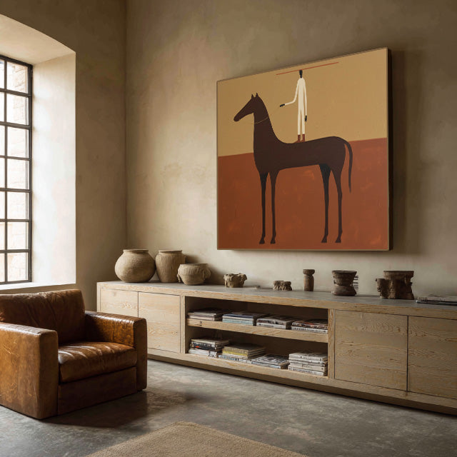 minimalist horse and figure wall art in a coordinated modern interior
