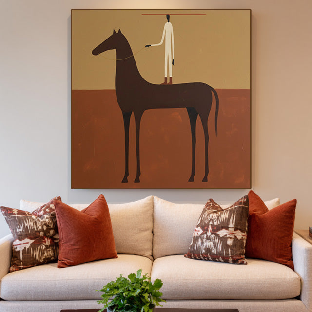 minimalist horse and figure wall art in a coordinated modern interior