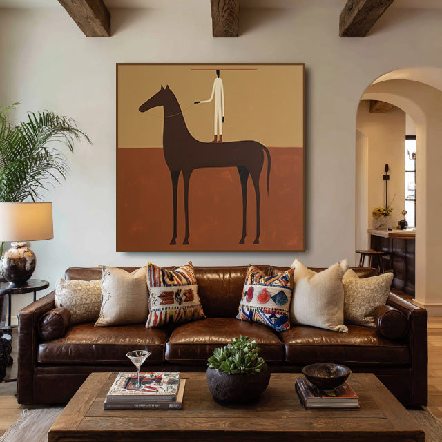 minimalist horse and figure wall art in a coordinated modern interior