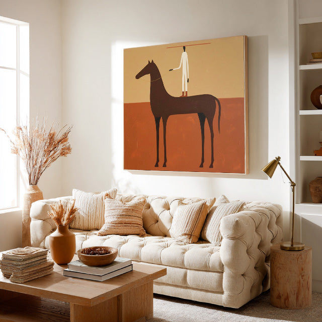 minimalist horse and figure wall art in a coordinated modern interior