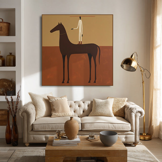 minimalist horse and figure wall art displayed in a styled living room