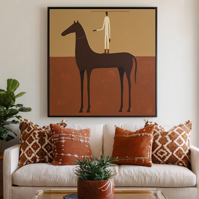minimalist horse and figure wall art in a coordinated modern interior