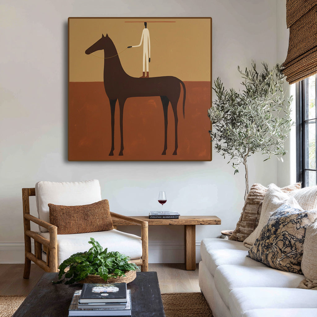 minimalist horse and figure wall art in a coordinated modern interior
