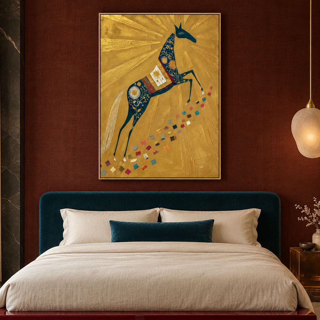 gold folk horse wall art with deep blue floral equestrian pattern in a coordinated modern interior