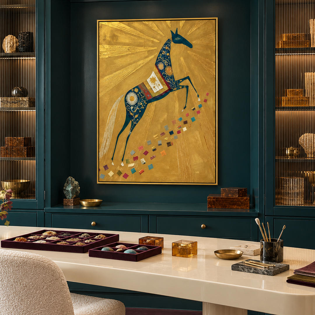 gold folk horse wall art with deep blue floral equestrian pattern in a coordinated modern interior