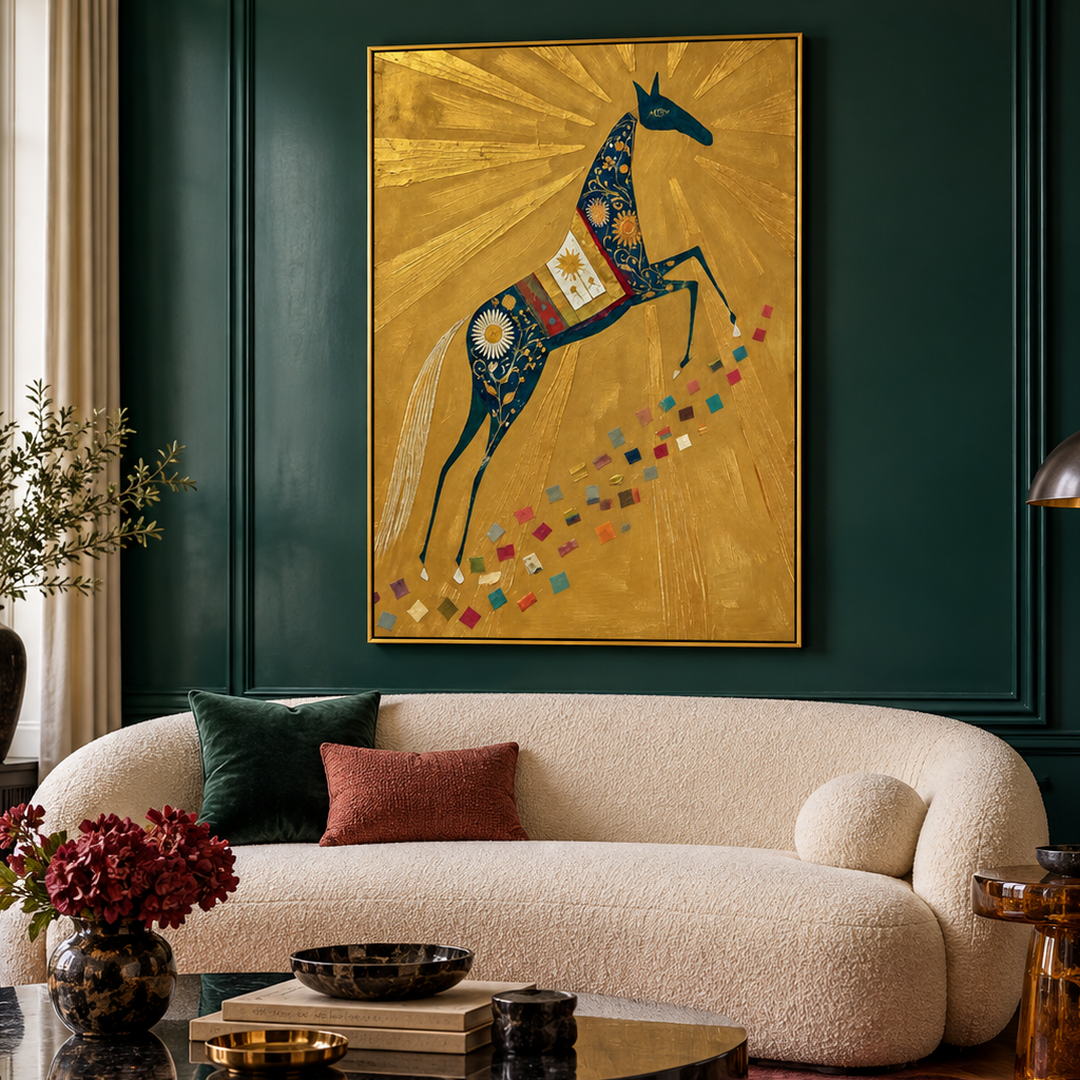 gold folk horse wall art with deep blue floral equestrian pattern in a coordinated modern interior