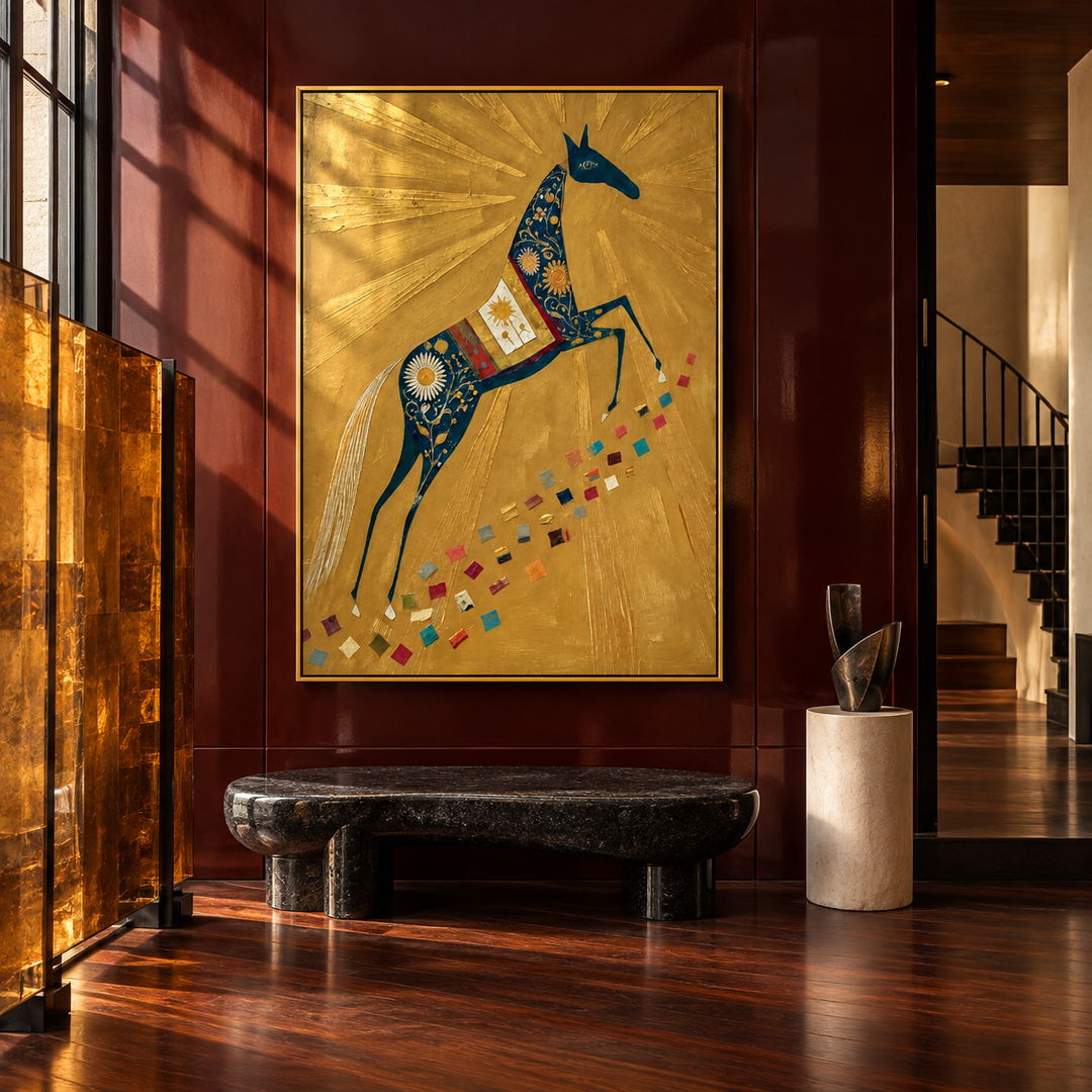 gold folk horse wall art with deep blue floral equestrian pattern displayed in a styled living room