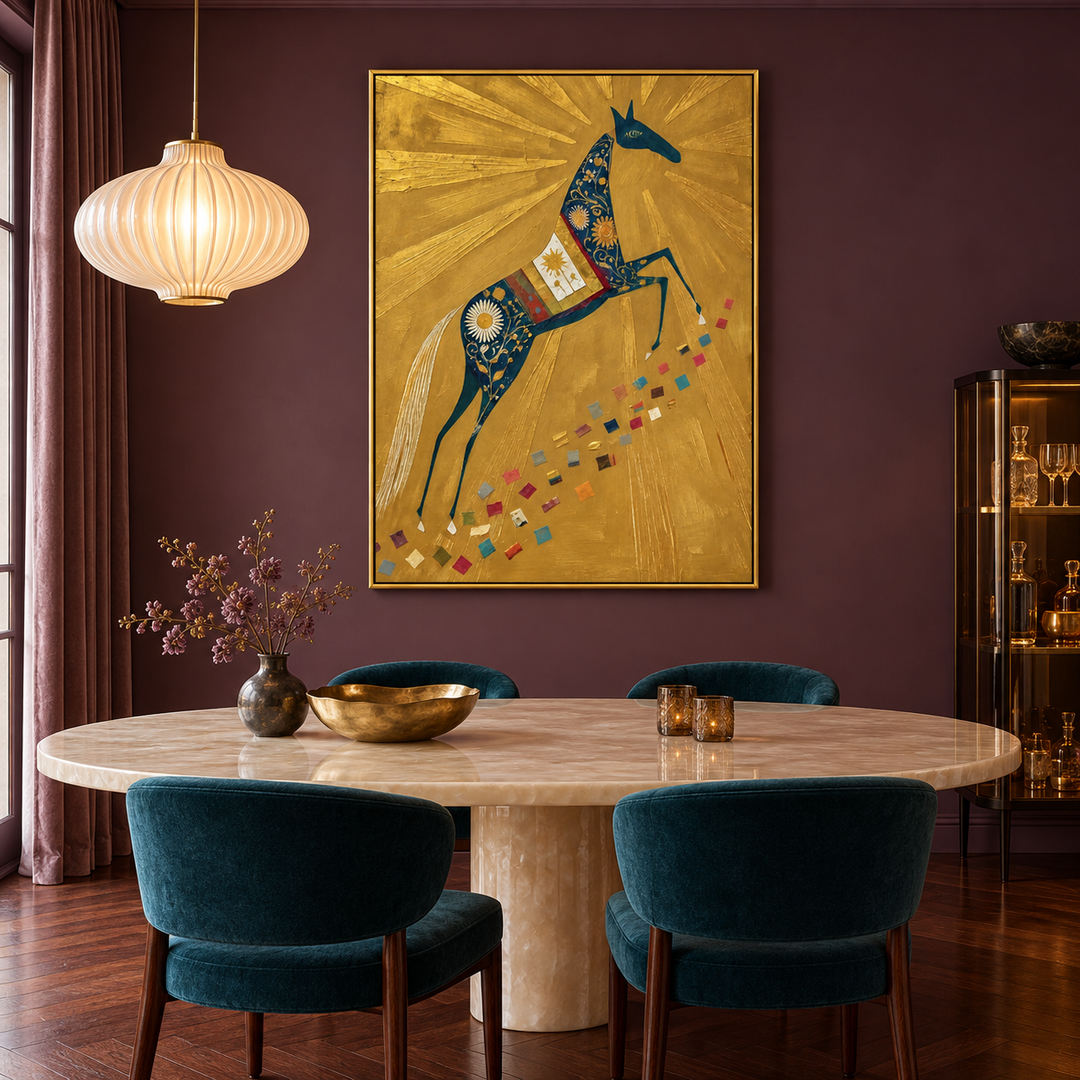 gold folk horse wall art with deep blue floral equestrian pattern in a coordinated modern interior