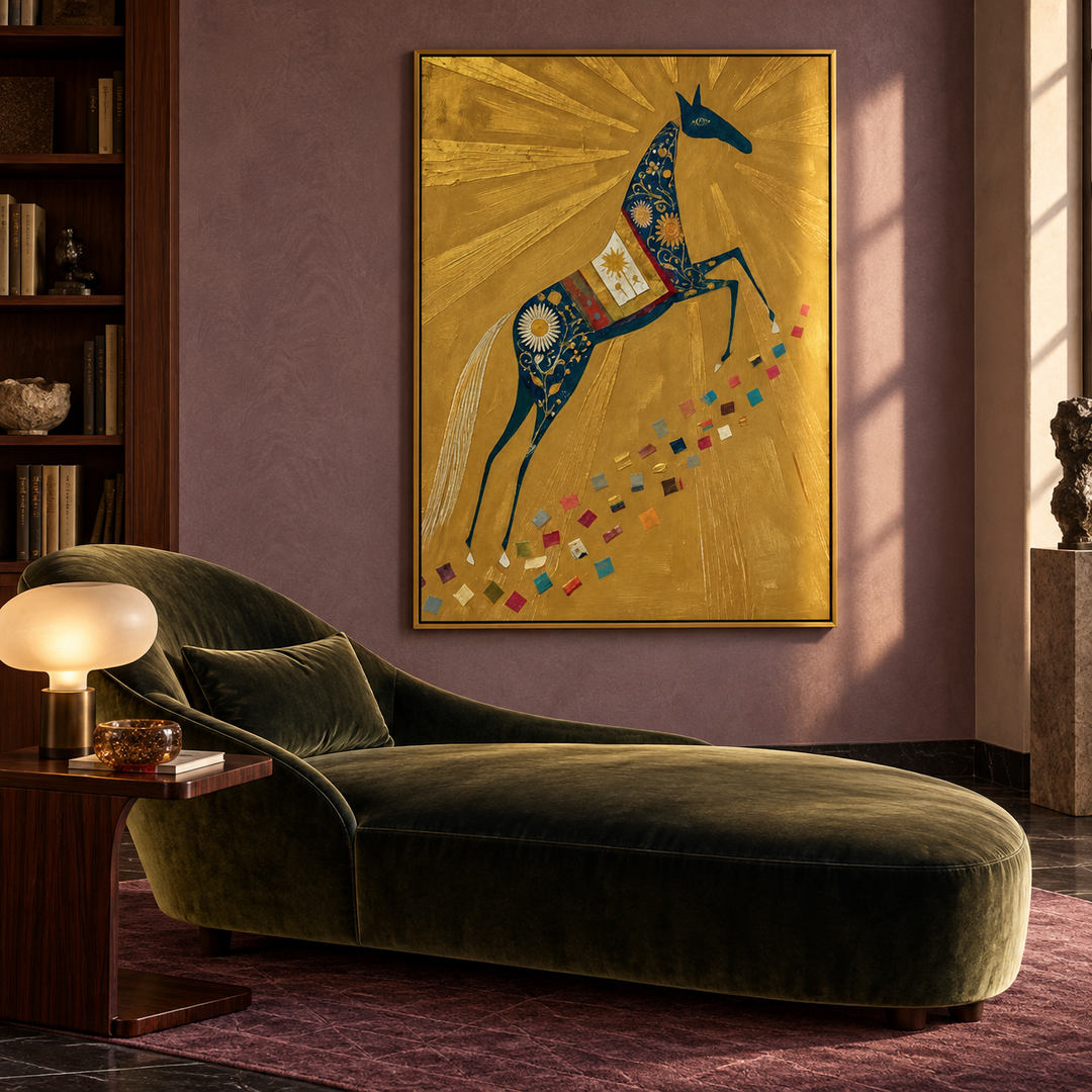 gold folk horse wall art with deep blue floral equestrian pattern in a coordinated modern interior
