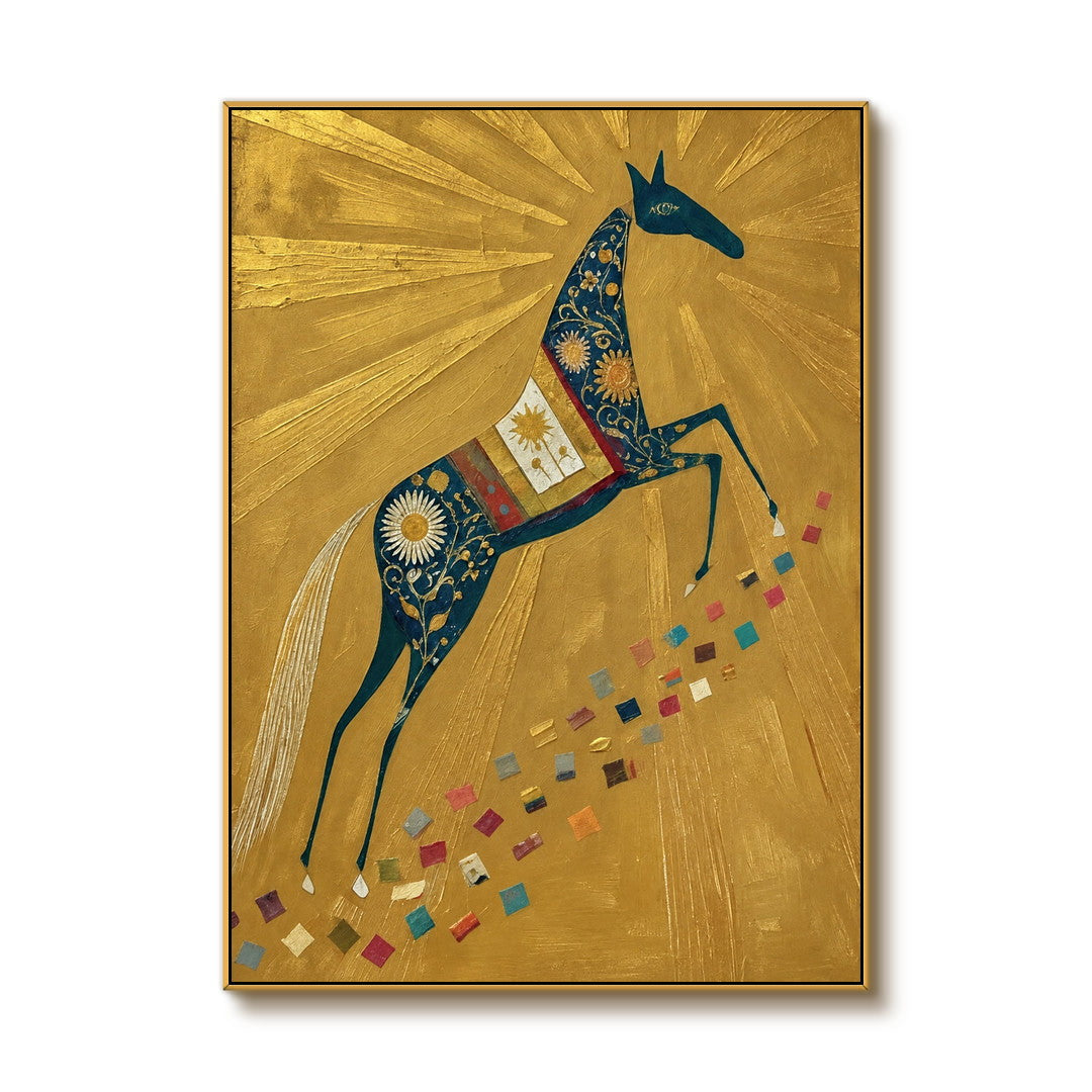 gold folk horse wall art with deep blue floral equestrian pattern on a clean white background