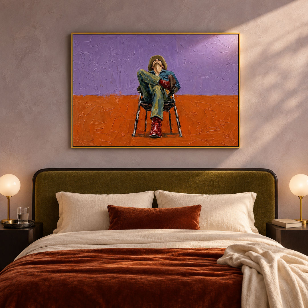 expressive seated figure wall art in violet orange and deep green in a coordinated modern interior