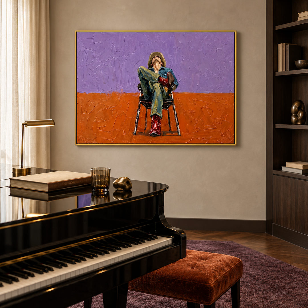 expressive seated figure wall art in violet orange and deep green in a coordinated modern interior