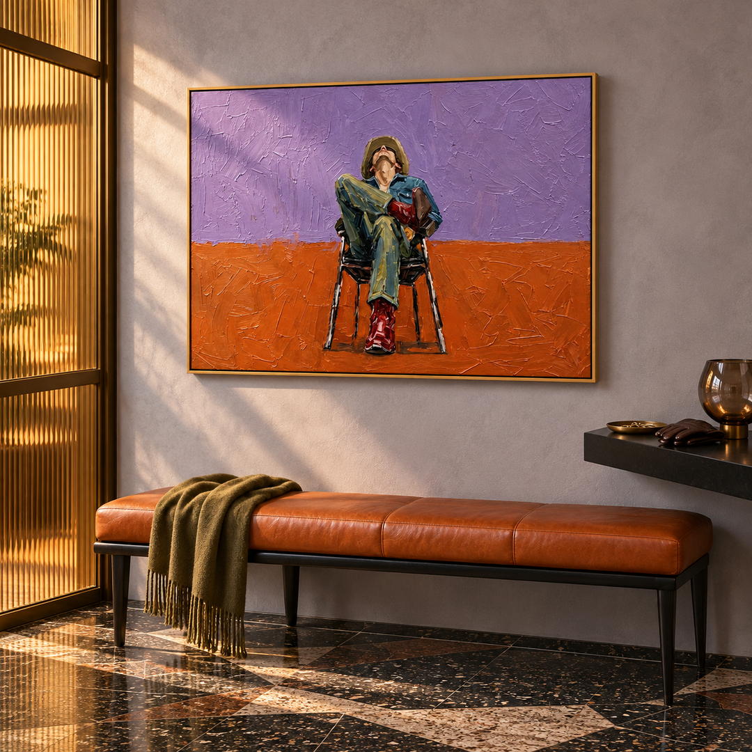 expressive seated figure wall art in violet orange and deep green in a coordinated modern interior