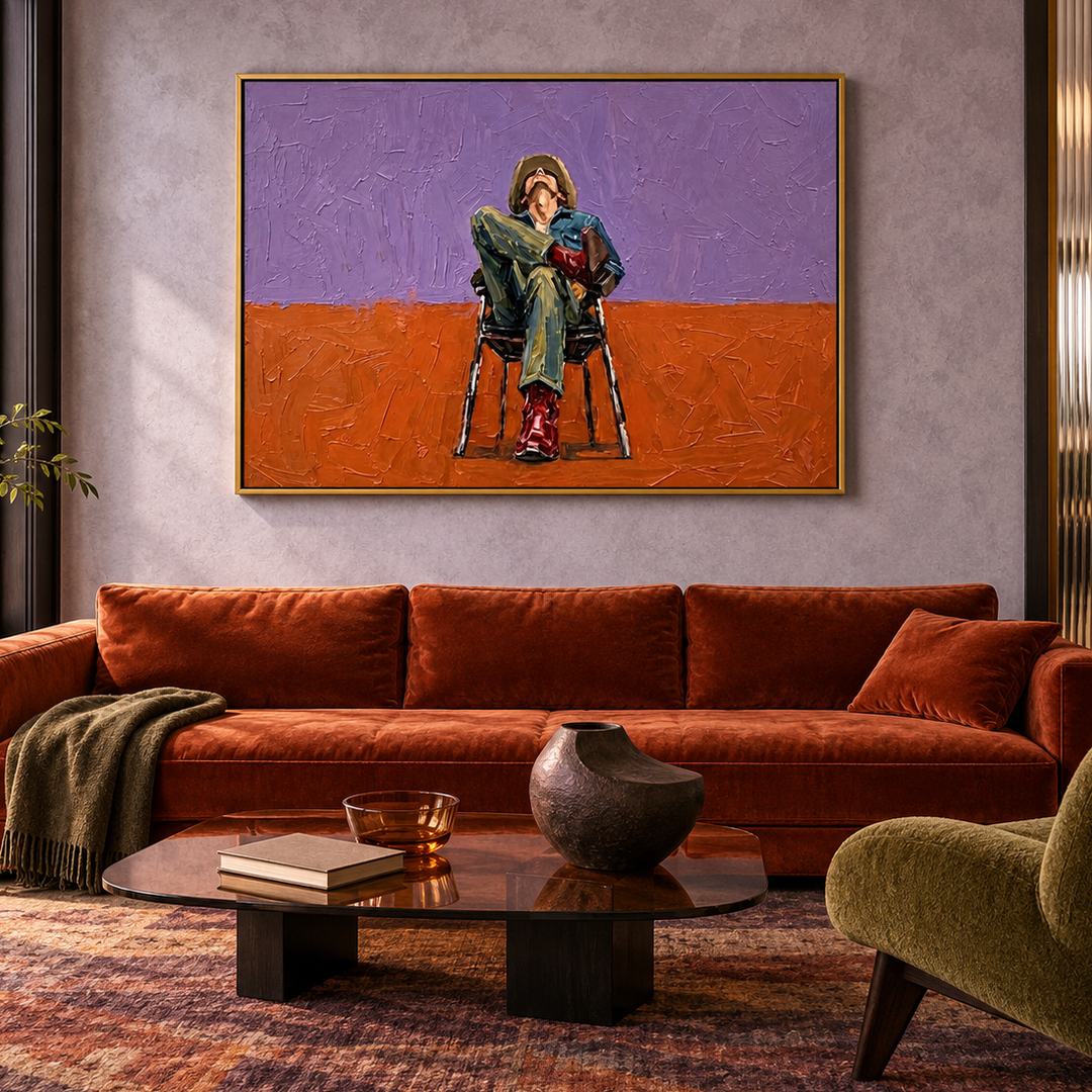 expressive seated figure wall art in violet orange and deep green displayed in a styled living room