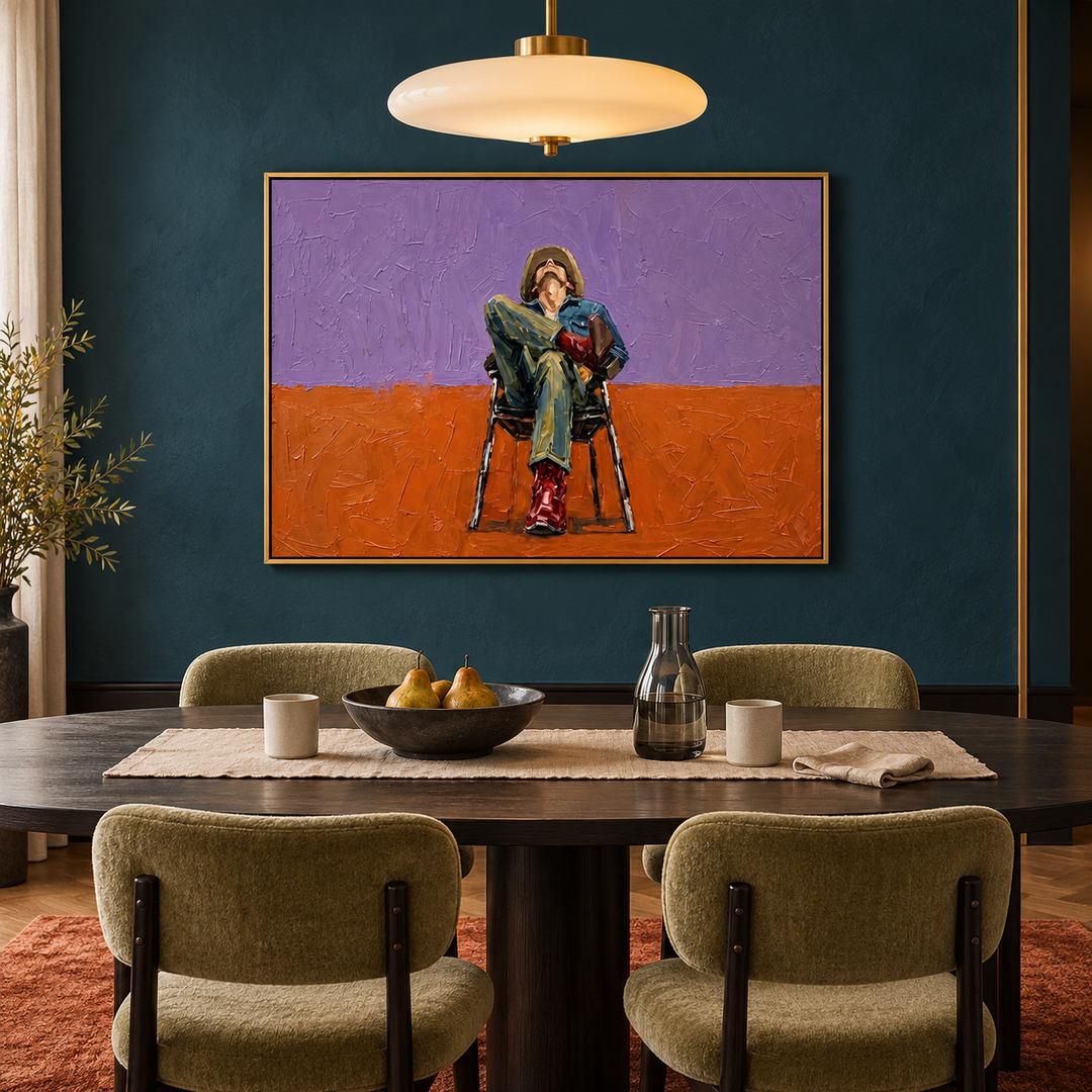 expressive seated figure wall art in violet orange and deep green in a coordinated modern interior