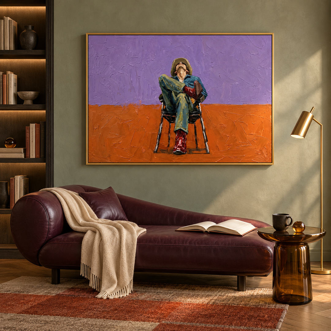expressive seated figure wall art in violet orange and deep green in a coordinated modern interior