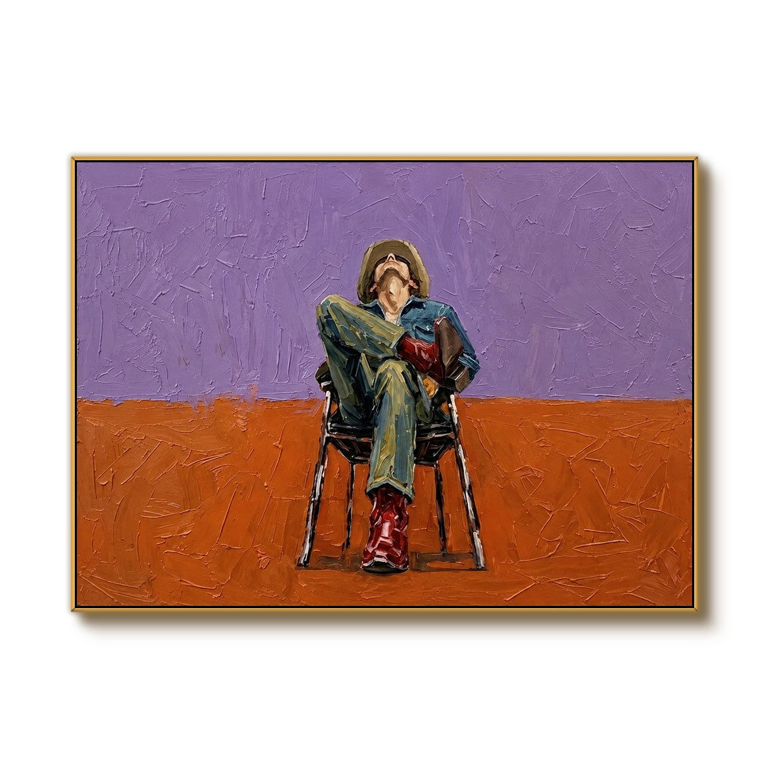 expressive seated figure wall art in violet orange and deep green on a clean white background