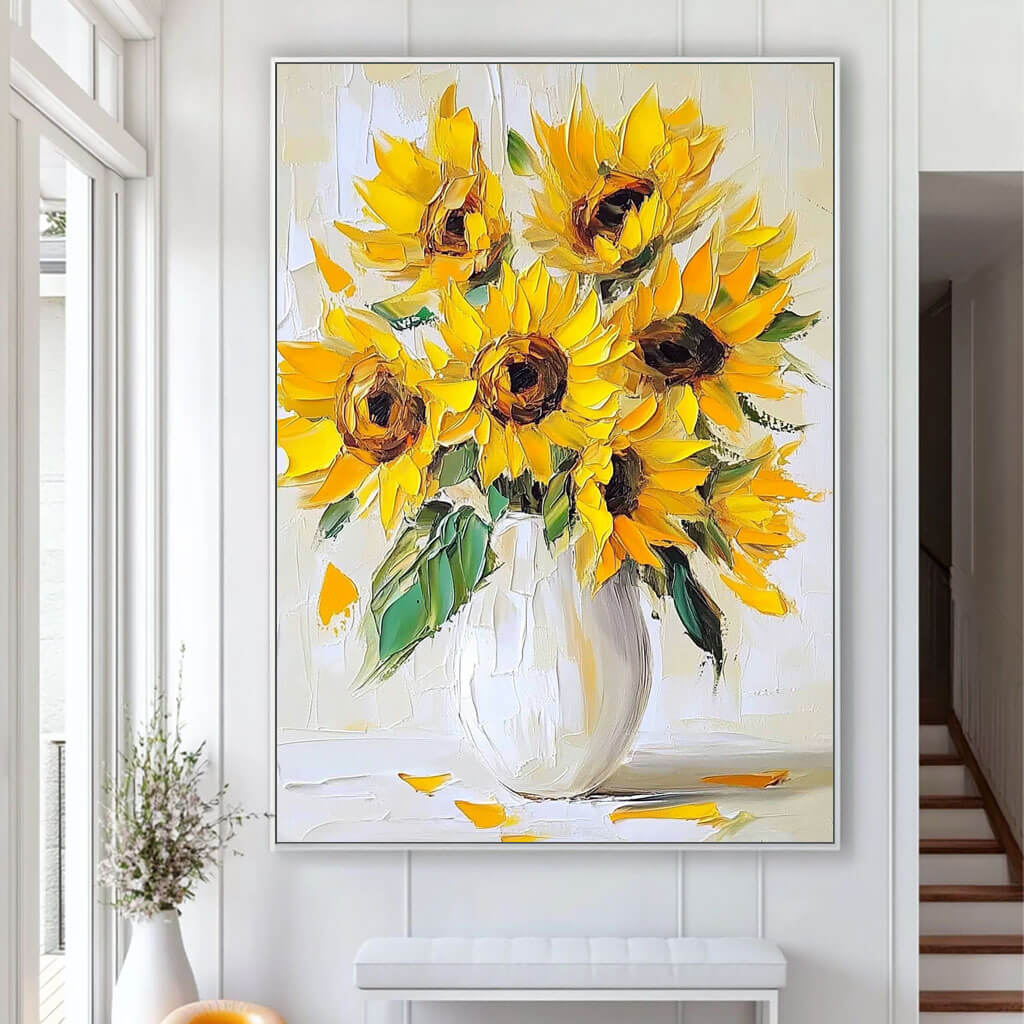 Hand-Painted Sunflower Canvas Art - Bright Botanical Accent Piece - Sunflowers in a Vase - Hues Art Lab