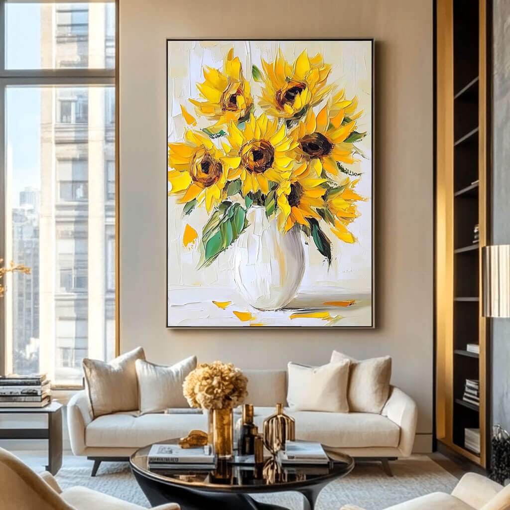 Hand-Painted Sunflower Canvas Art - Bright Botanical Accent Piece - Sunflowers in a Vase - Hues Art Lab