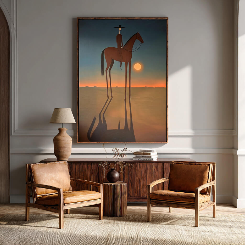 minimalist Western horse rider wall art in muted sunset colors in a coordinated modern interior