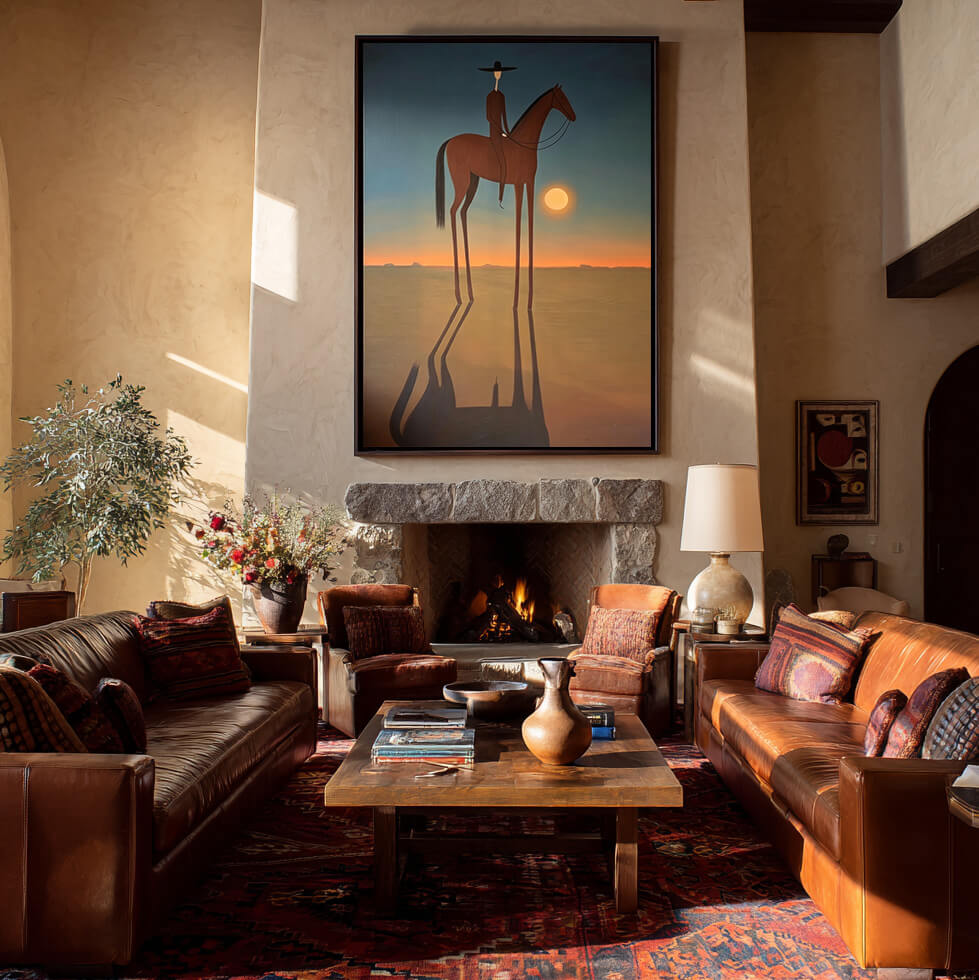 minimalist Western horse rider wall art in muted sunset colors in a coordinated modern interior
