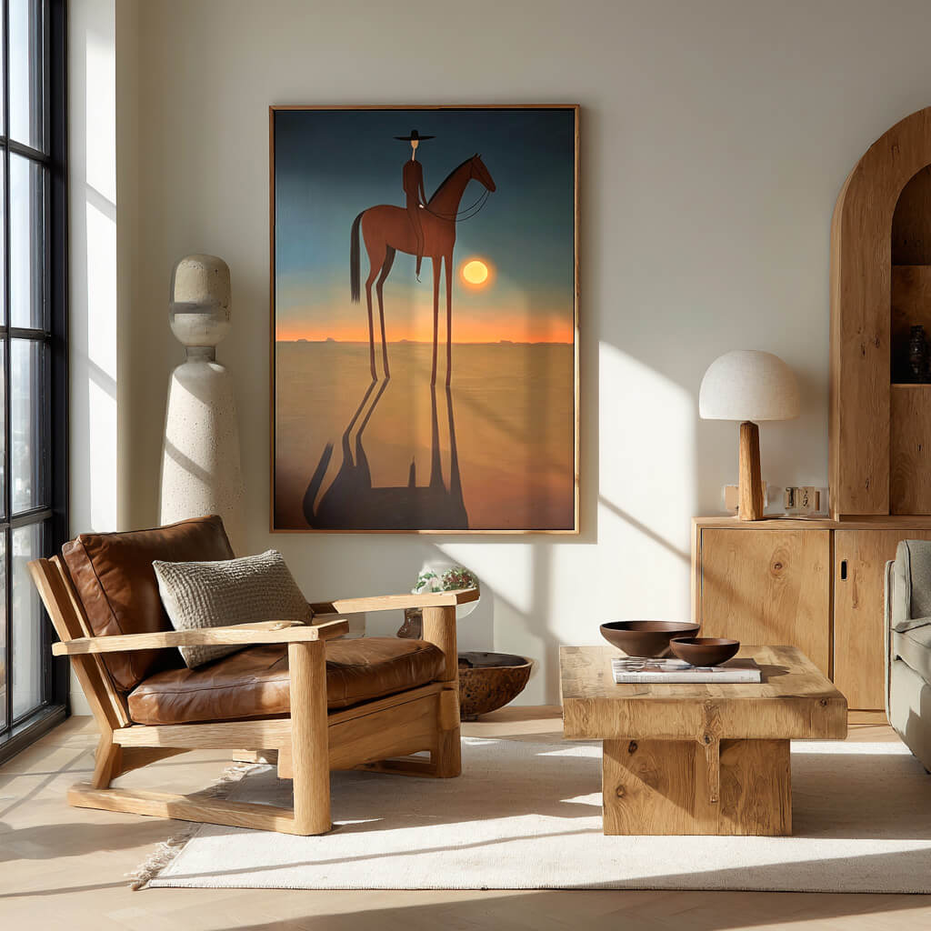 minimalist Western horse rider wall art in muted sunset colors in a coordinated modern interior