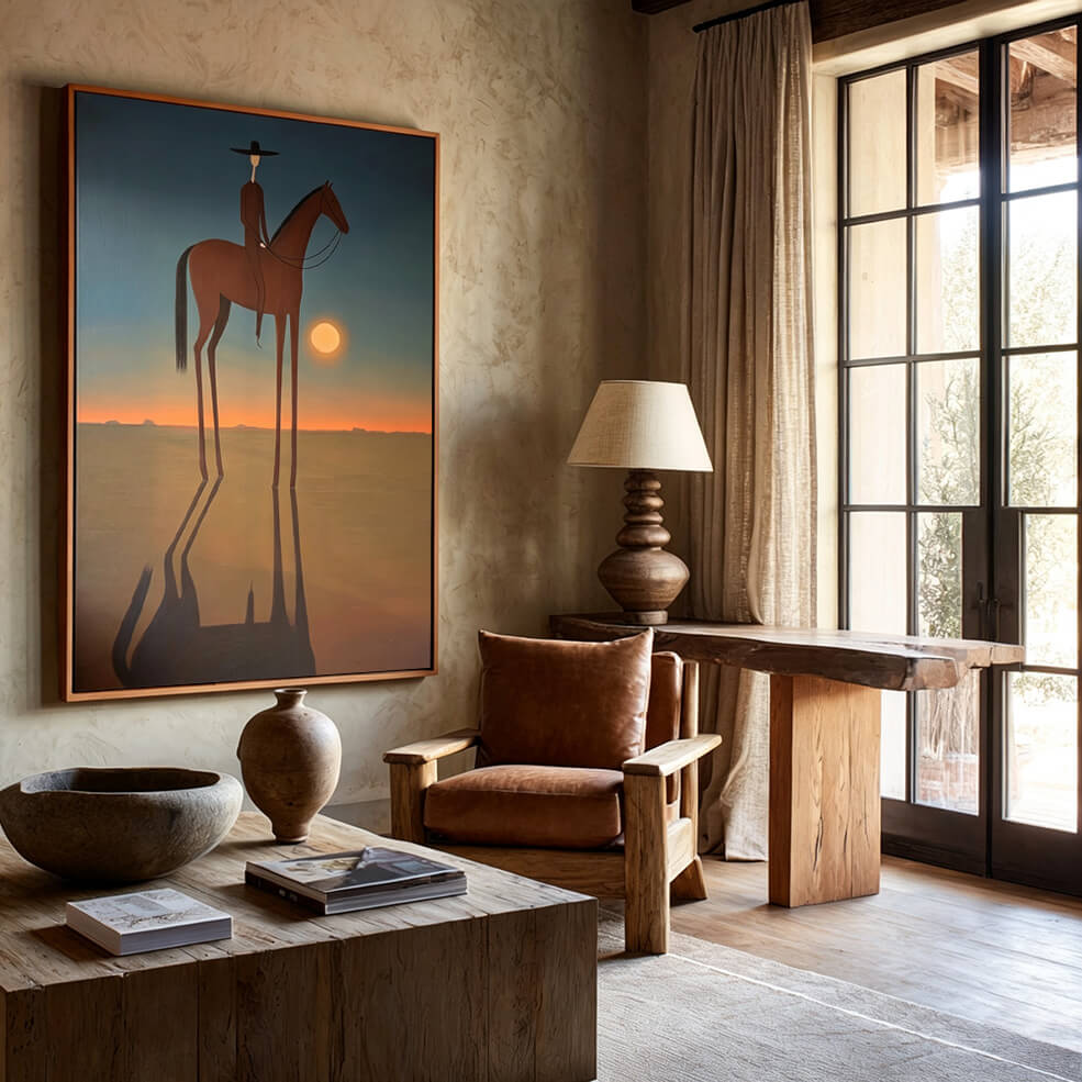 minimalist Western horse rider wall art in muted sunset colors in a coordinated modern interior