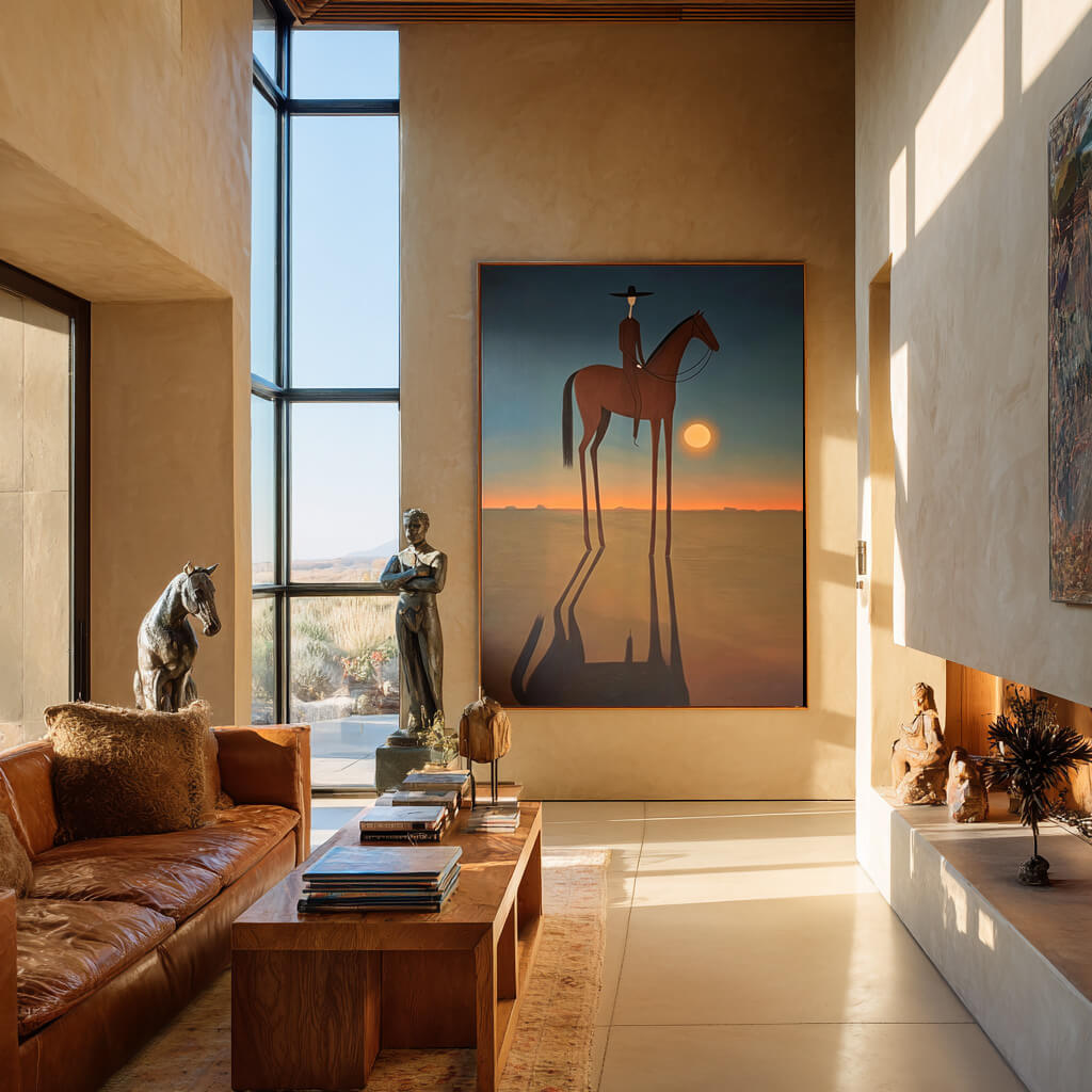 minimalist Western horse rider wall art in muted sunset colors in a coordinated modern interior