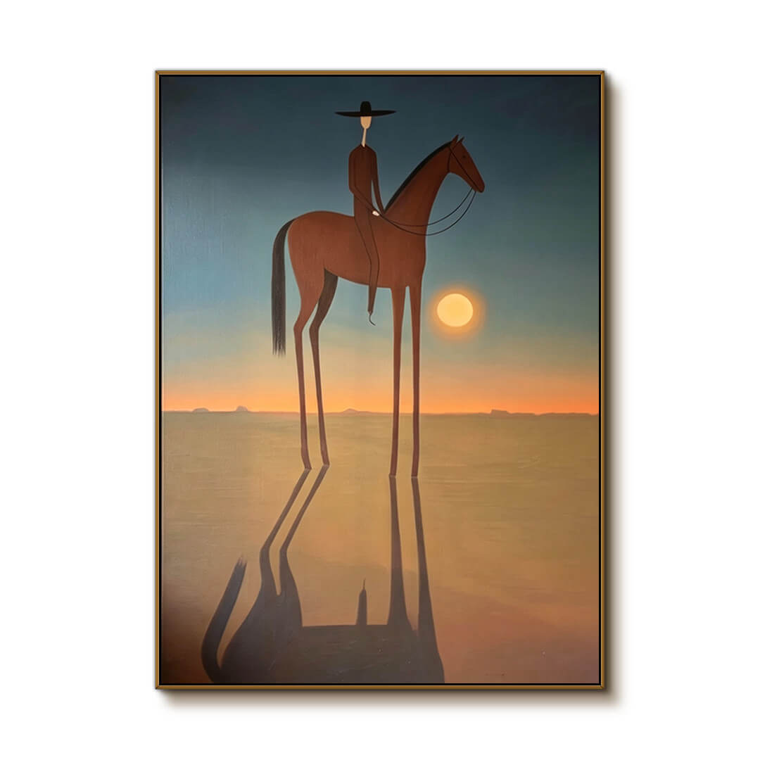 minimalist Western horse rider wall art in muted sunset colors on a clean white background
