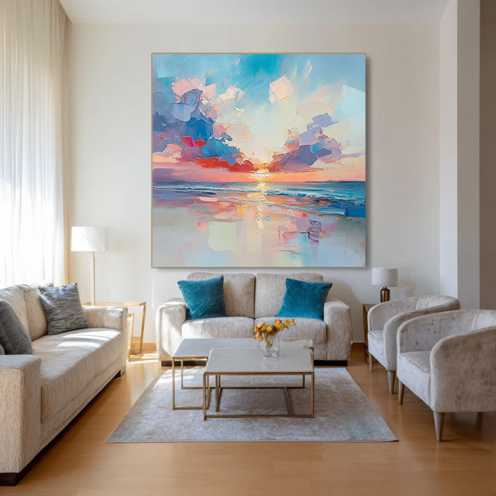 Sunset Kiss modern impasto abstract sunset seascape wall art by Hues Art Lab