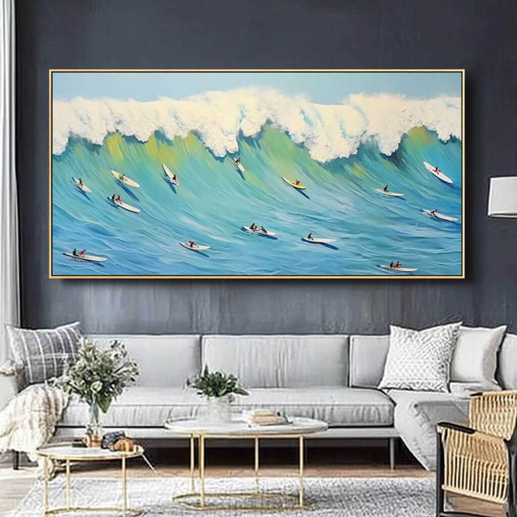 Large Surfing Wave Canvas Art | Textured Ocean Wall Decor for Living Room - Surfing II - Hues Art Lab