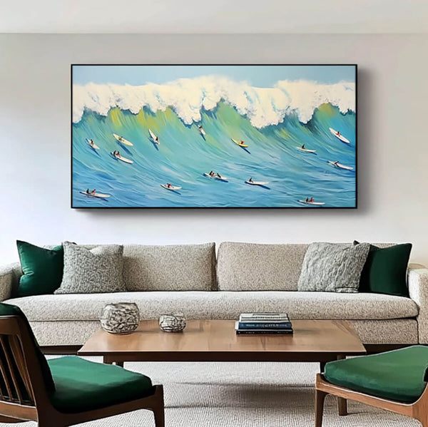 Large Surfing Wave Canvas Art | Textured Ocean Wall Decor for Living Room - Surfing II - Hues Art Lab