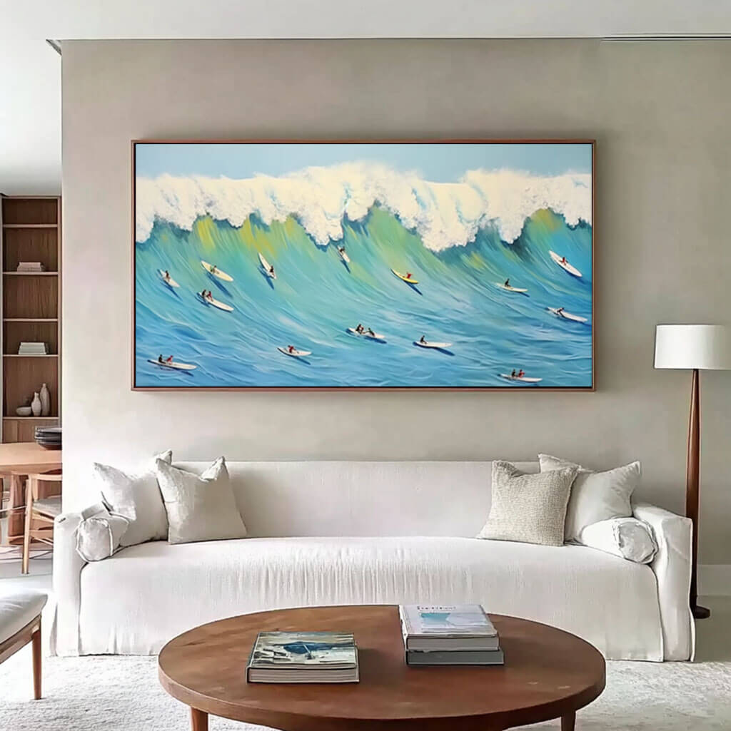 Large Surfing Wave Canvas Art | Textured Ocean Wall Decor for Living Room - Surfing II - Hues Art Lab