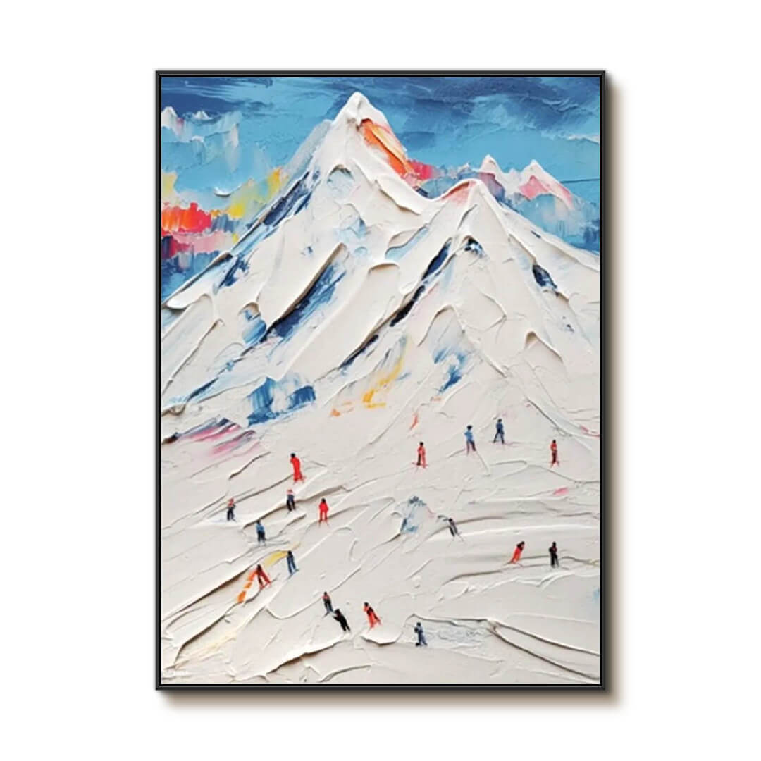 Hand-Painted Snowy Mountain Scene - Abstract Skiers Wall Art with Palette Knife Texture for Winter Home Aesthetic - Swift Figures on Snow - Hues Art Lab