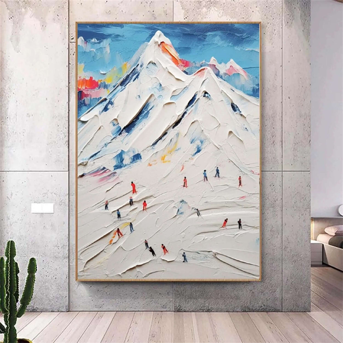 Hand-Painted Snowy Mountain Scene - Abstract Skiers Wall Art with Palette Knife Texture for Winter Home Aesthetic - Swift Figures on Snow - Hues Art Lab